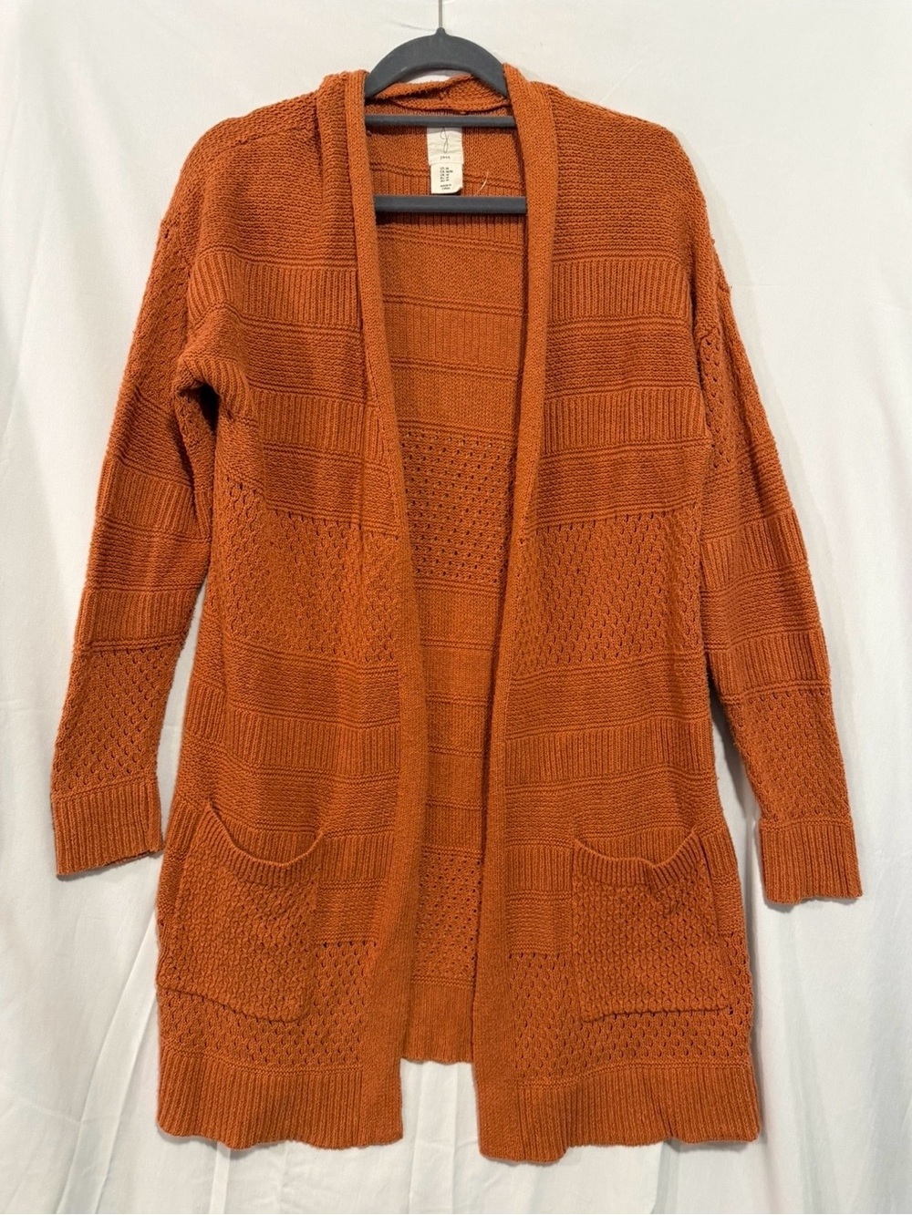 Joie Textured Knit Cardigan in Orange Size Medium Long Length Pockets Open Front